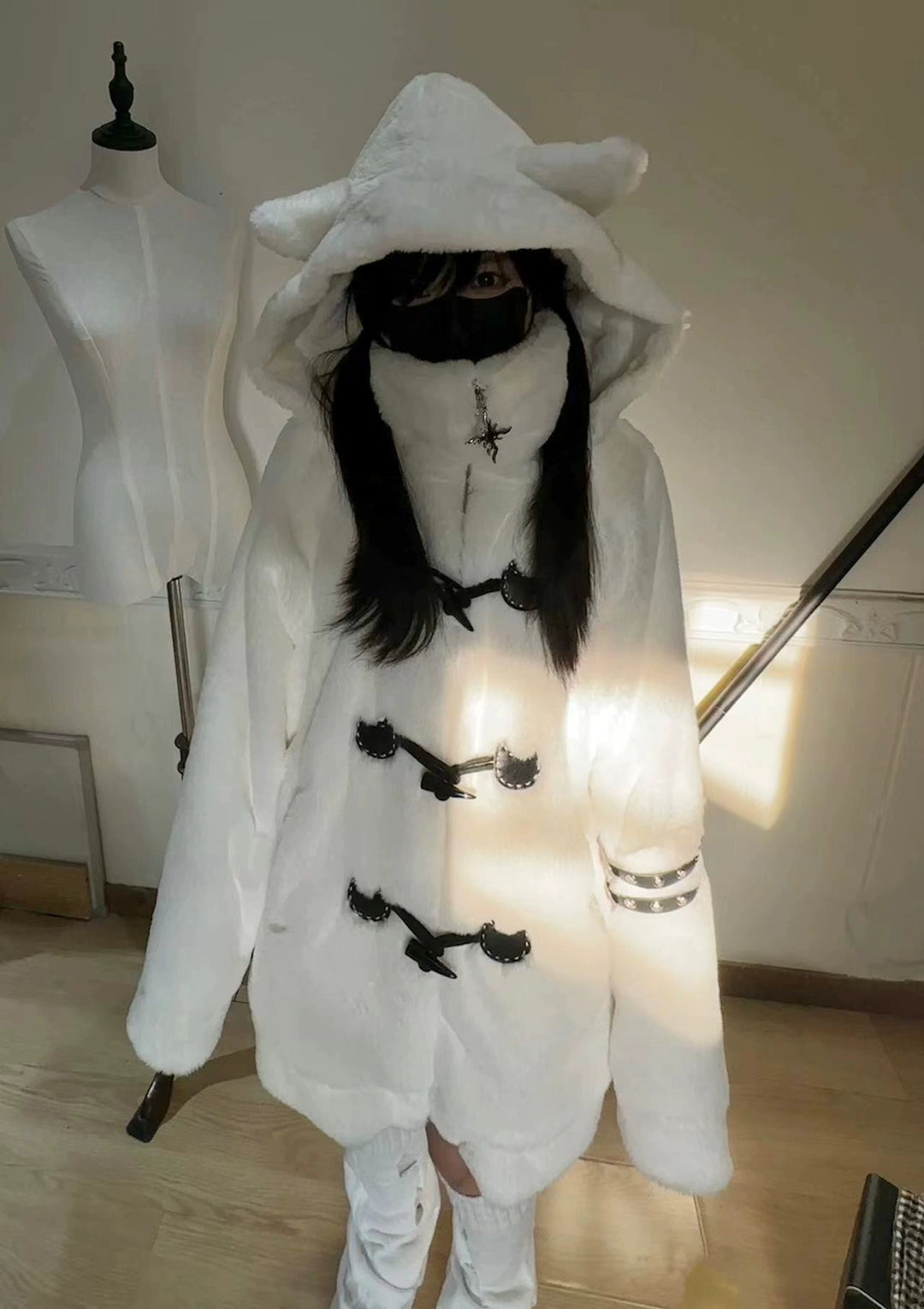 Plus Size Jirai Kei Coat Black White Winter Coat Cat Ear Hooded