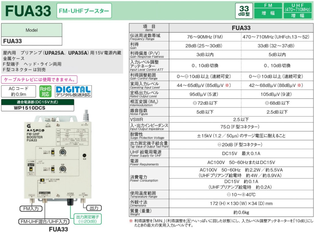 楽天市場】マスプロ 共同受信用 UHF・FMブースター FUA33S : セイコー
